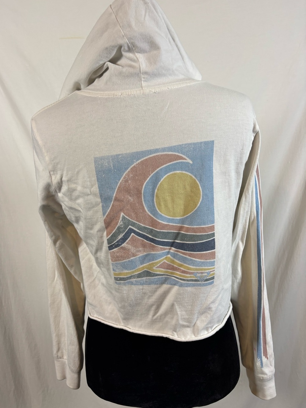 Roxy Cream Hooded Graphic Crop Top with Sunset Wave Print